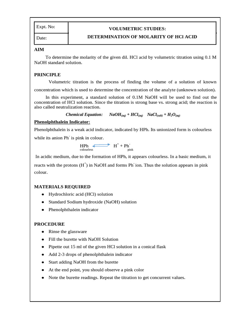 Acid Base Titration Phenolphthalein | PDF | Titration | Chemistry