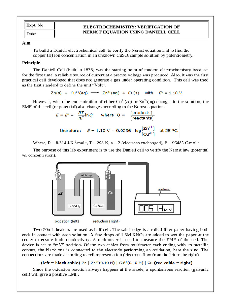 Nernst Equation Verification with Daniell Cell | PDF | Electrochemistry ...