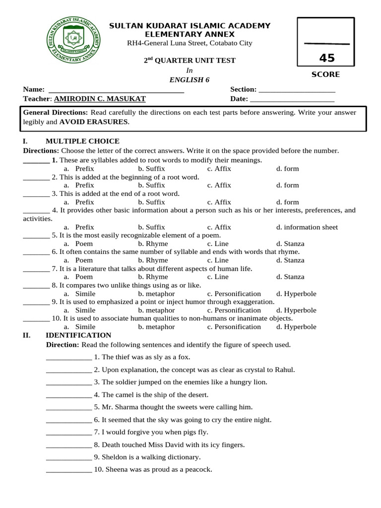 English 6 Unit Test - Sultan Kudarat | PDF | Poetry | Rhyme