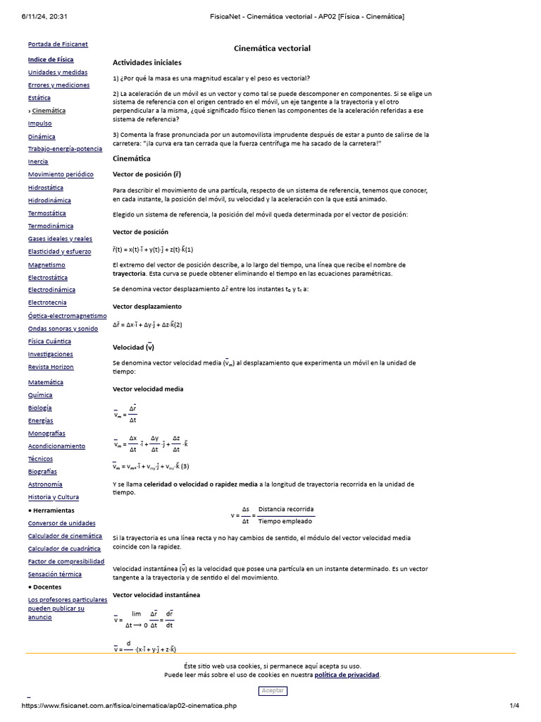 Fisica Cinemática Vectorial | PDF | Aceleración | Velocidad