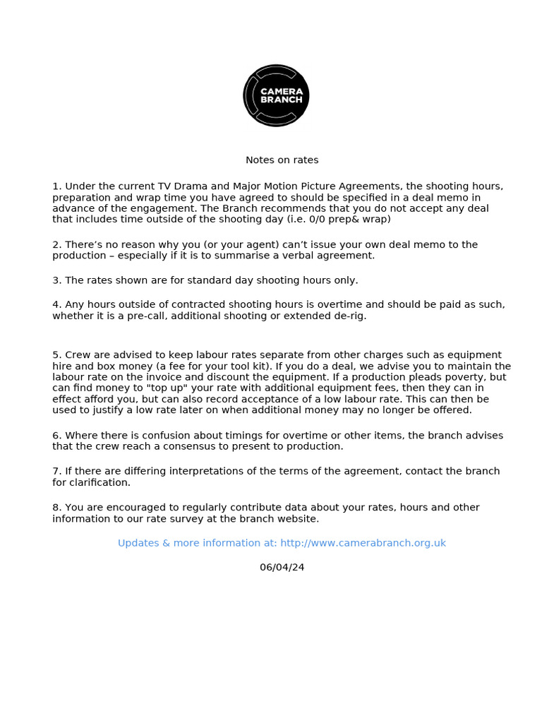 BECTU Camera Branch Rate Guidelines | PDF
