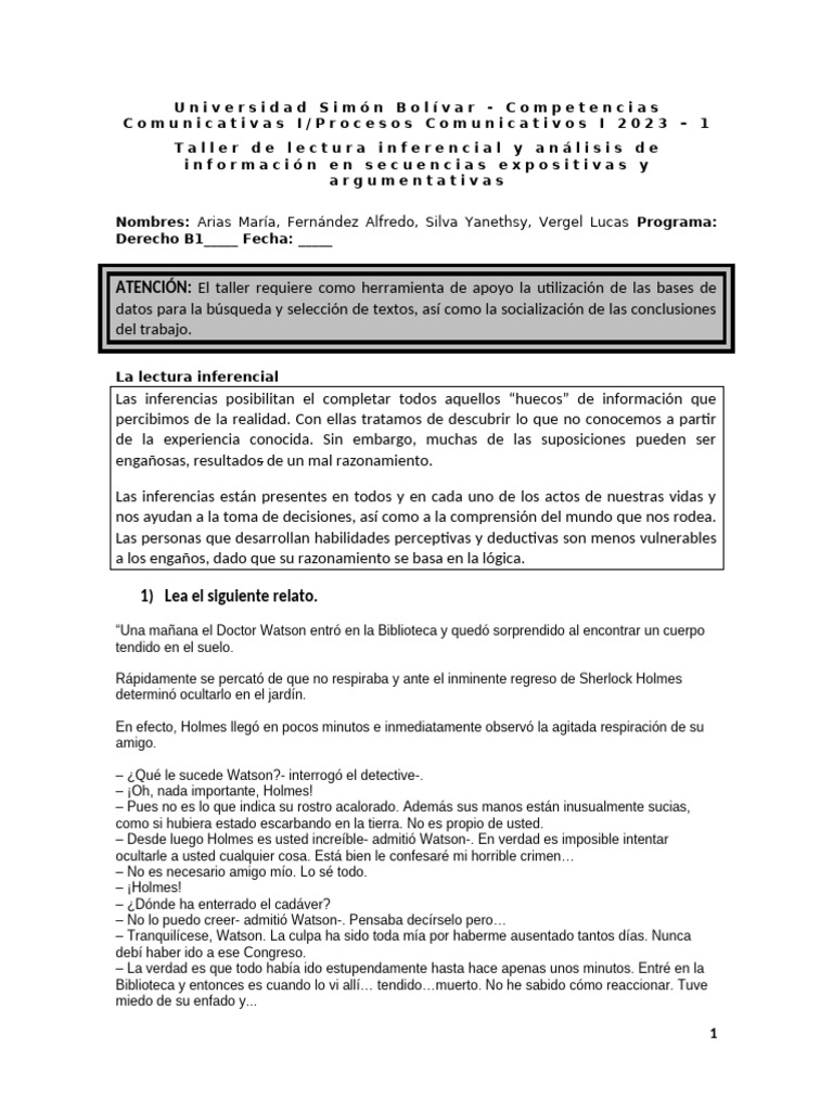 Taller La Inferencia | PDF | Razonamiento deductivo | Comprensión lectora