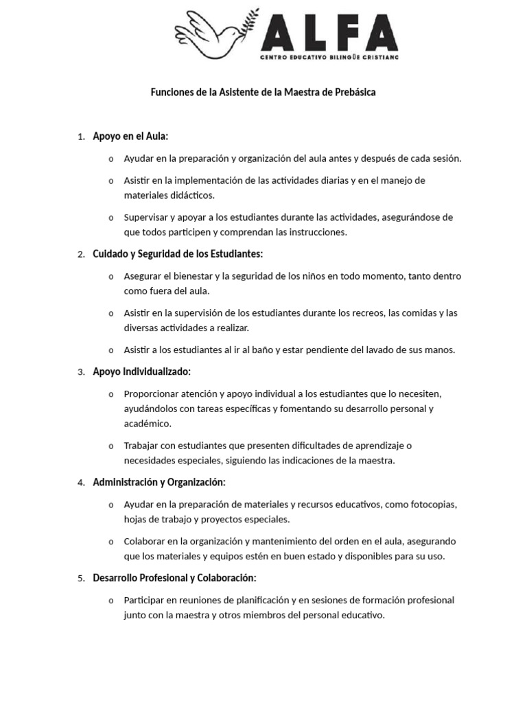 Funciones del Asistente en Prebásica | PDF | Salón de clases | Escuelas