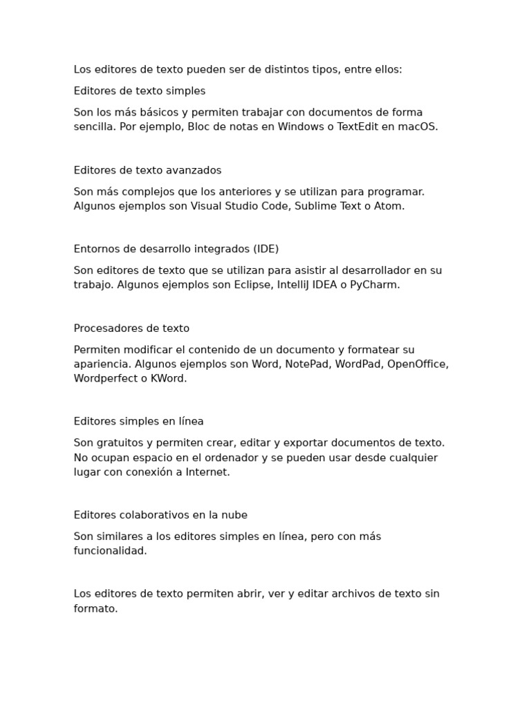 Tipos y funciones de editores de texto | PDF | Texto | Desarrollo de ...