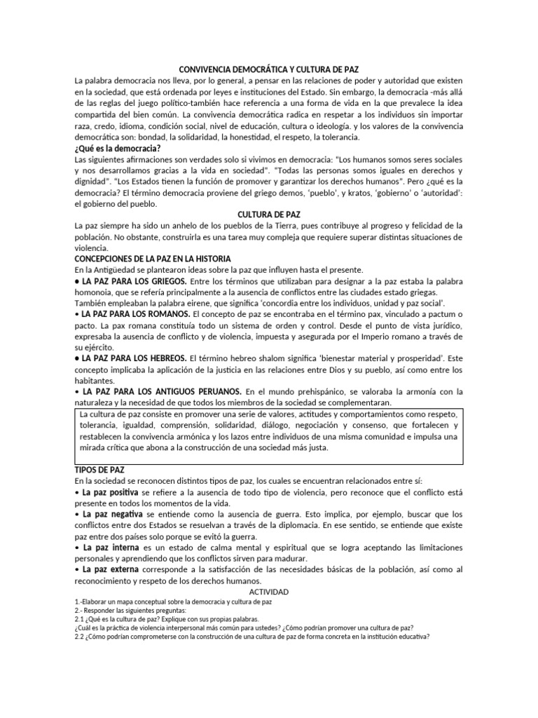 Democracia y Cultura de Paz: Claves Esenciales | PDF | Paz | Democracia