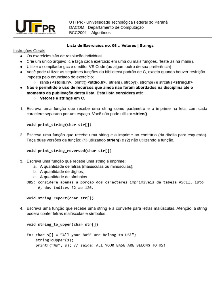 Exercícios de Algoritmos em C: Strings e Vetores | PDF | Caixa alta e ...