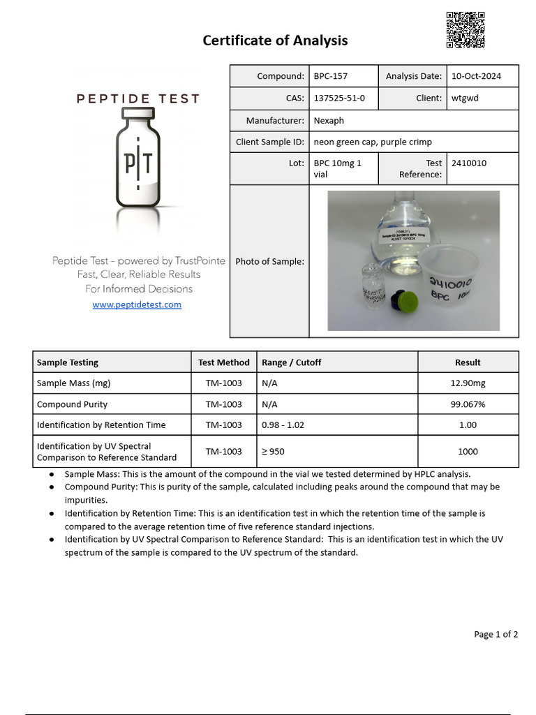 BPC-157 Certificate of Analysis | PDF | High Performance Liquid Chromatography