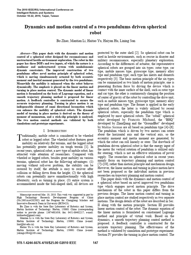 Dynamics and Motion Control of A Two Pendulums Driven Spherical Robot ...