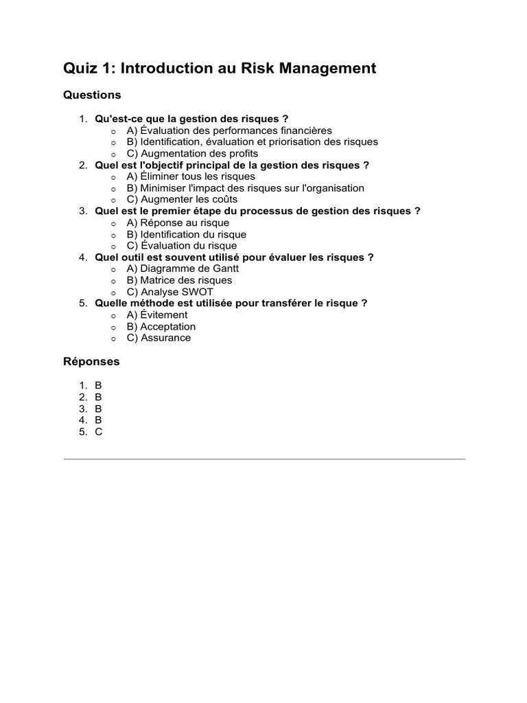 Quiz sur la Gestion des Risques | PDF