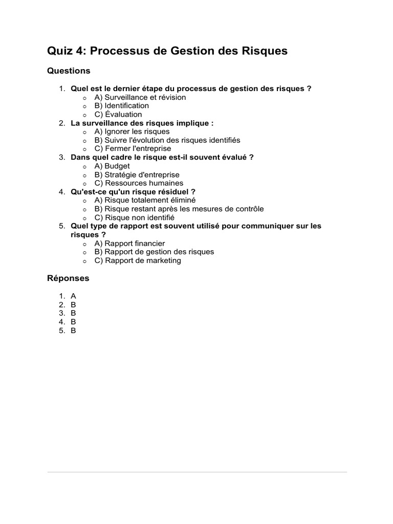 Quiz sur la Gestion des Risques | PDF | Affaires