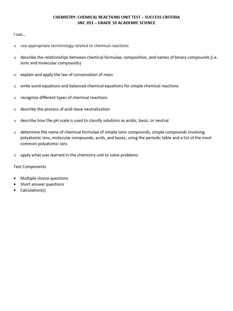 Chemistry Unit Test 2024 - Success Criteria | PDF