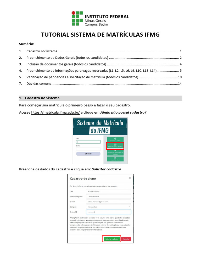 Tutorial de Matrículas IFMG: Passo a Passo | PDF