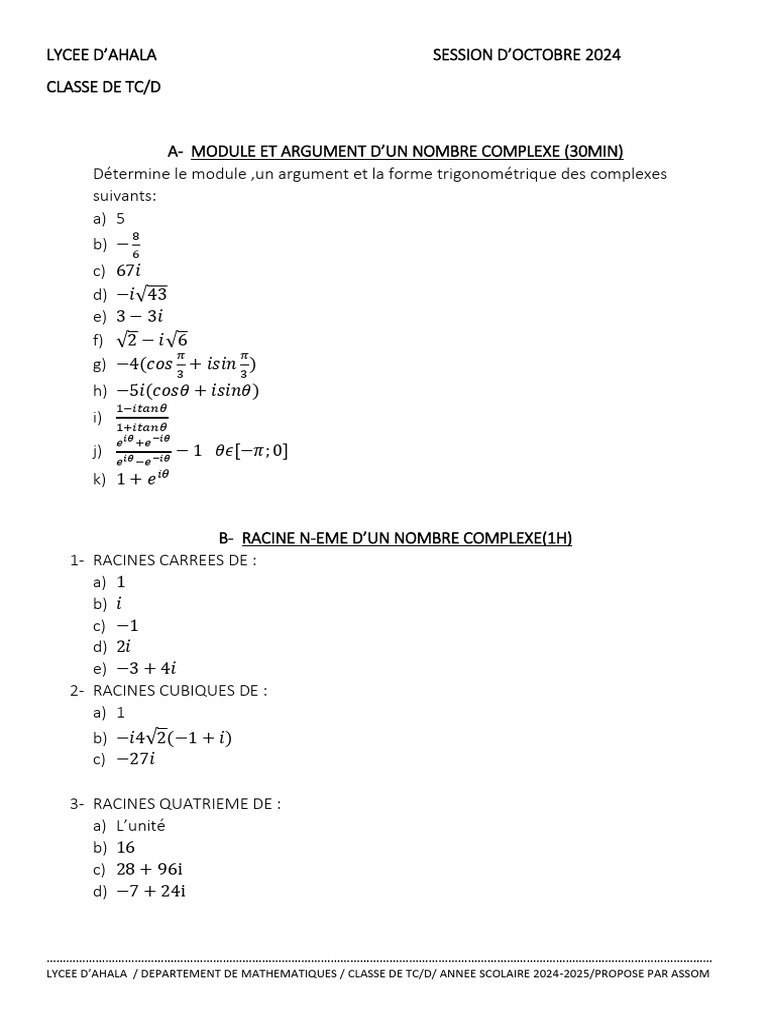 Exercices sur les Nombres Complexes et Transformations | PDF | Nombre ...