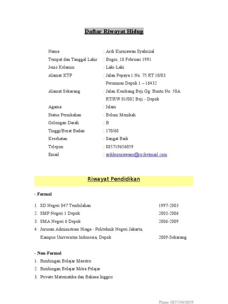 Contoh Daftar Riwayat Hidup