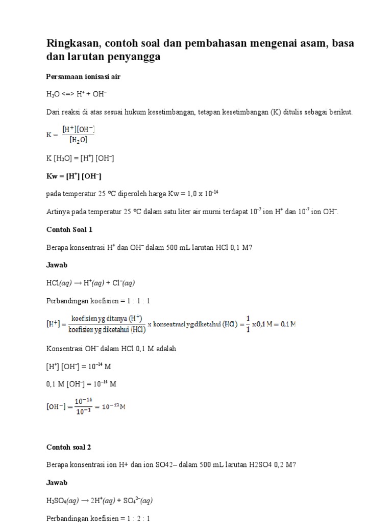Ringkasan Contoh Soal Dan Pembahasan Mengenai Asam, Basa Dan Larutan