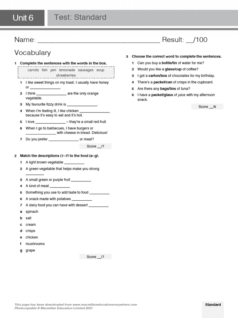 Unit 6 Standard Test: Vocabulary & Grammar | PDF | Cupcake | Biscuit