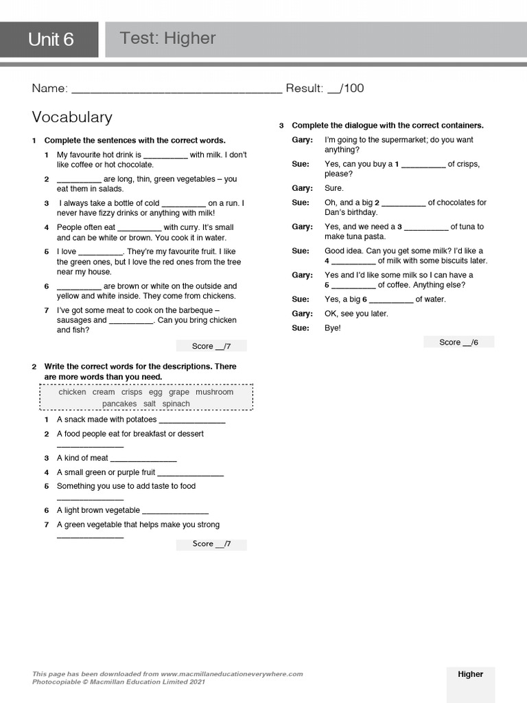 Higher Unit 6 Test: Vocabulary & Grammar | PDF | Cupcake | Biscuit