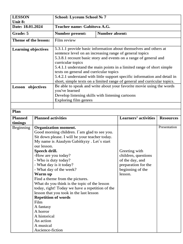 Film Review Lesson Plan for Grade 5 | PDF | Human Communication | Learning