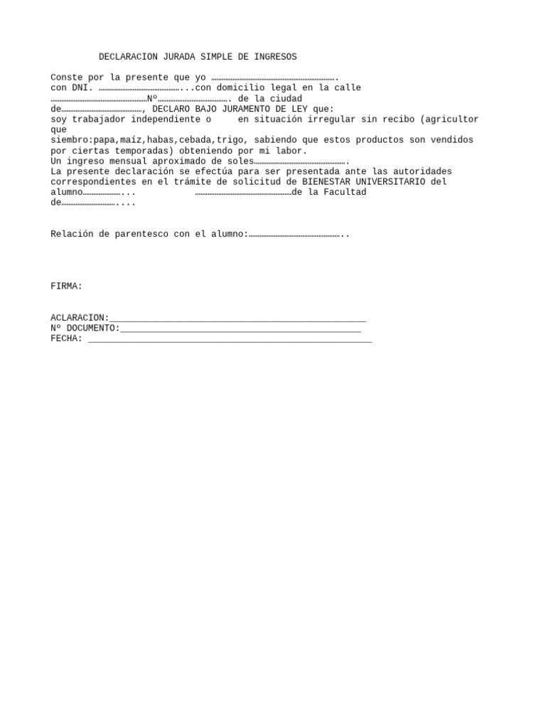 Declaración Jurada de Ingresos Mensuales | PDF | Negocios | Derecho