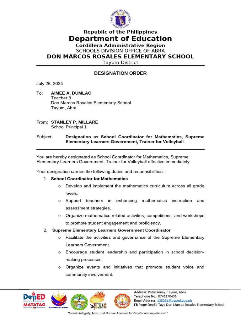 Designation Order for School Coordinator | PDF | Cognition | Human ...