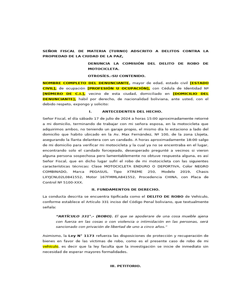 Denuncia por robo de motocicleta | PDF | Robo | Justicia