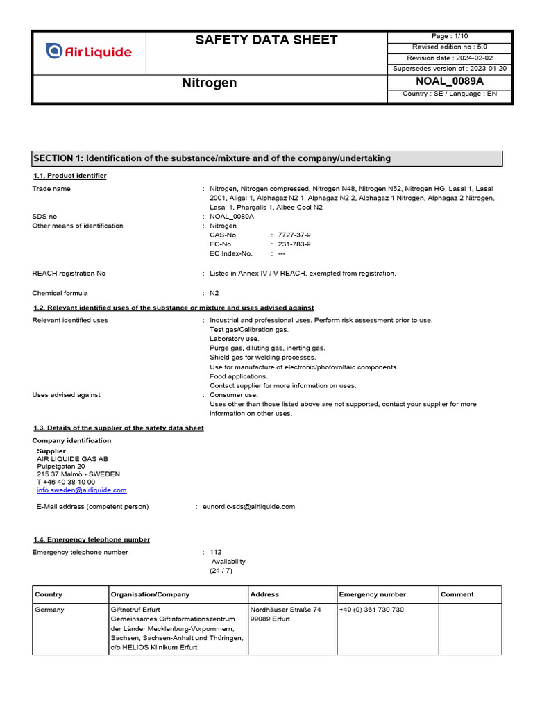 Nitrogen Noal 0089a Se en | PDF | Occupational Safety And Health ...