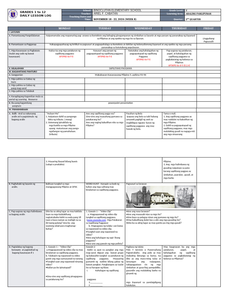 DLL - Araling Panlipunan 5 - Q2 - W8 | PDF