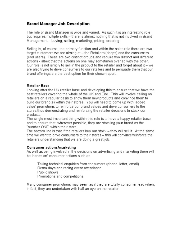Brand Manager Job Description PDF Retail Brand