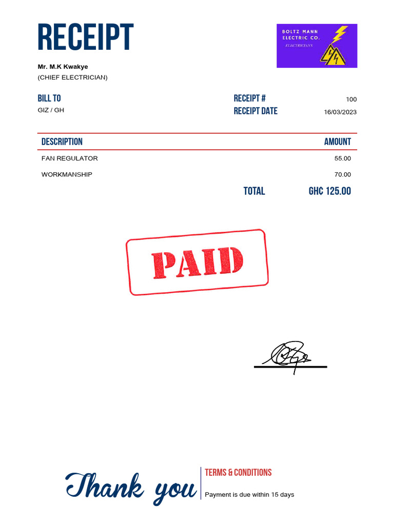 Invoice for Electrical Services - GH¢ 125.00 | PDF
