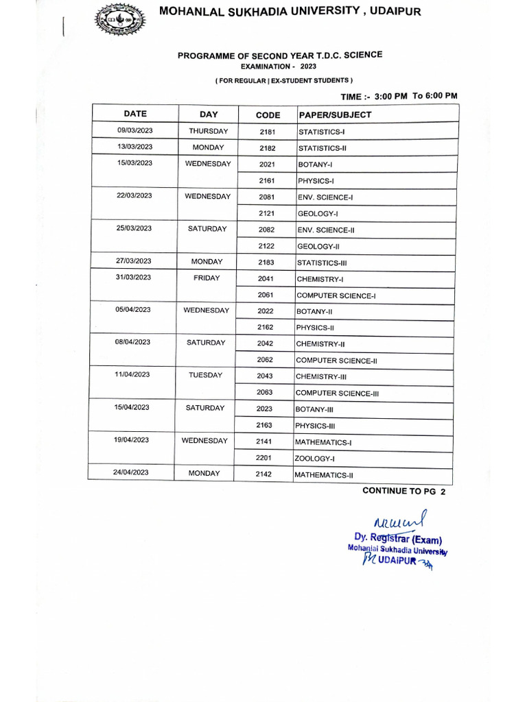 Time table of b sc iind year examination 2023 for regular ex