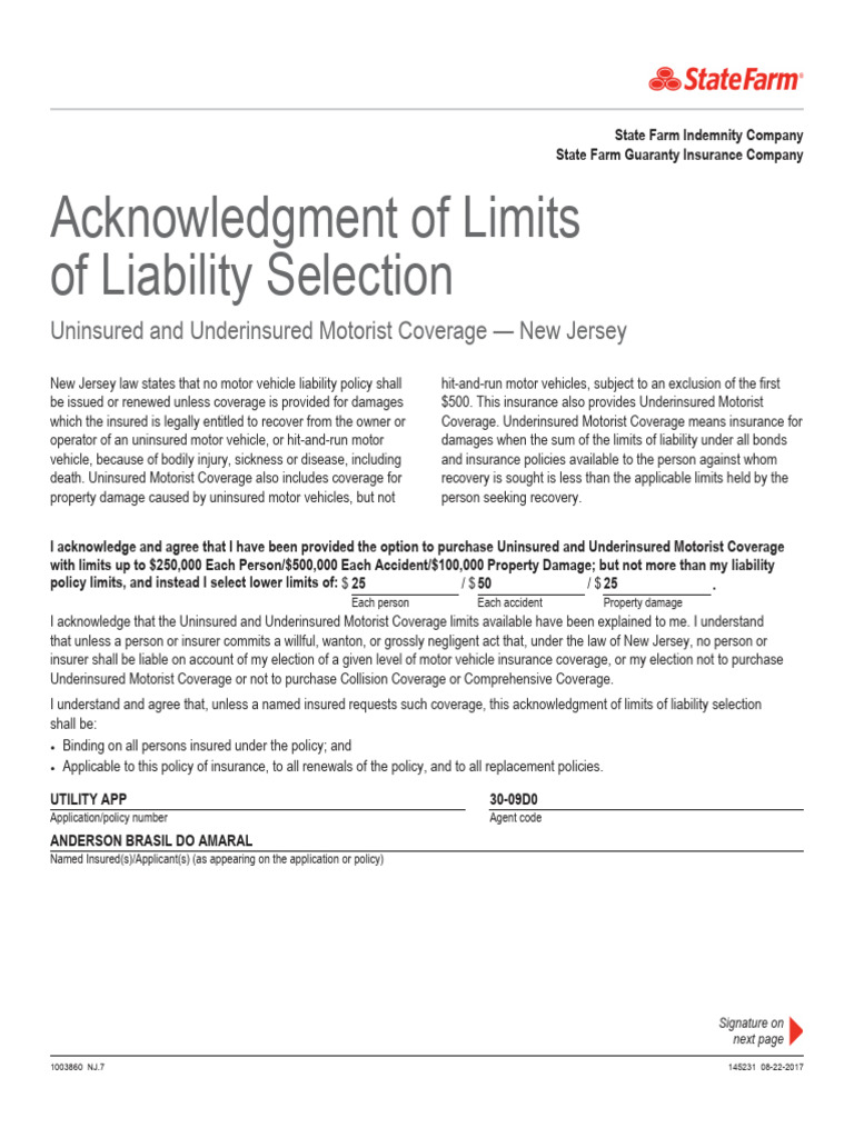 NJ Uninsured Motorist Coverage Acknowledgment | PDF | Liability ...