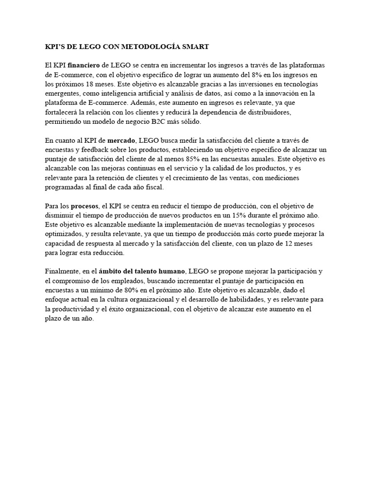 KPI de LEGO: Metas SMART para Crecimiento | PDF