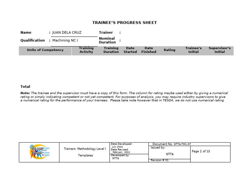 tm1tEMPLATES-SWBL-Trainees Progress Sheet | PDF | Business