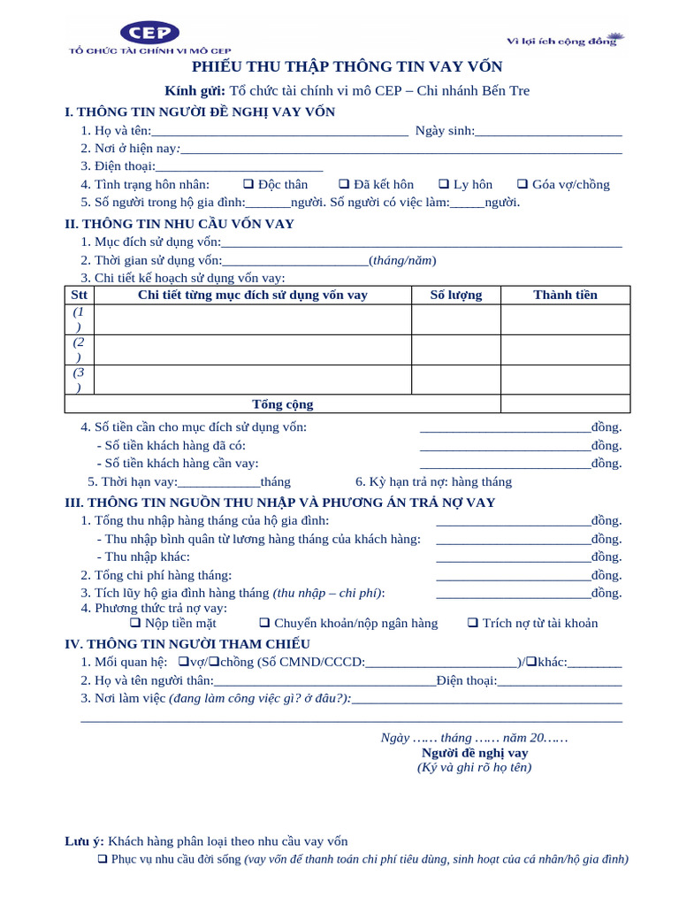 2.1.TT01-01 - Phieu Thu Thap Thong Tin Vay Von | PDF