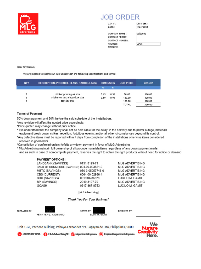 Job Order for Sticker Printing Services | PDF