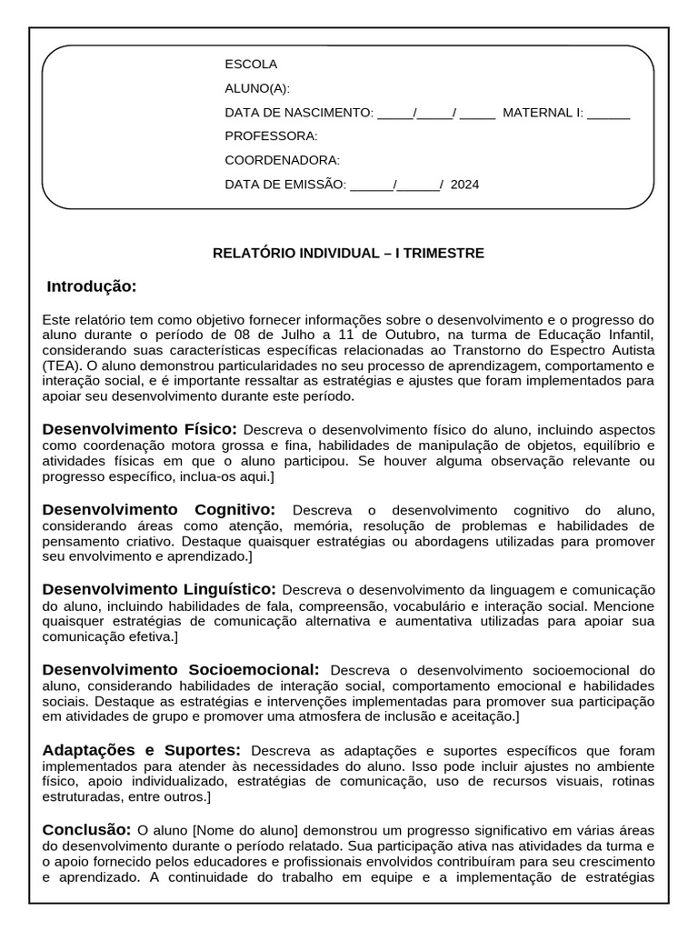 Relatório Individual de Aluno com TEA | PDF | Aprendizado | Espectro do ...