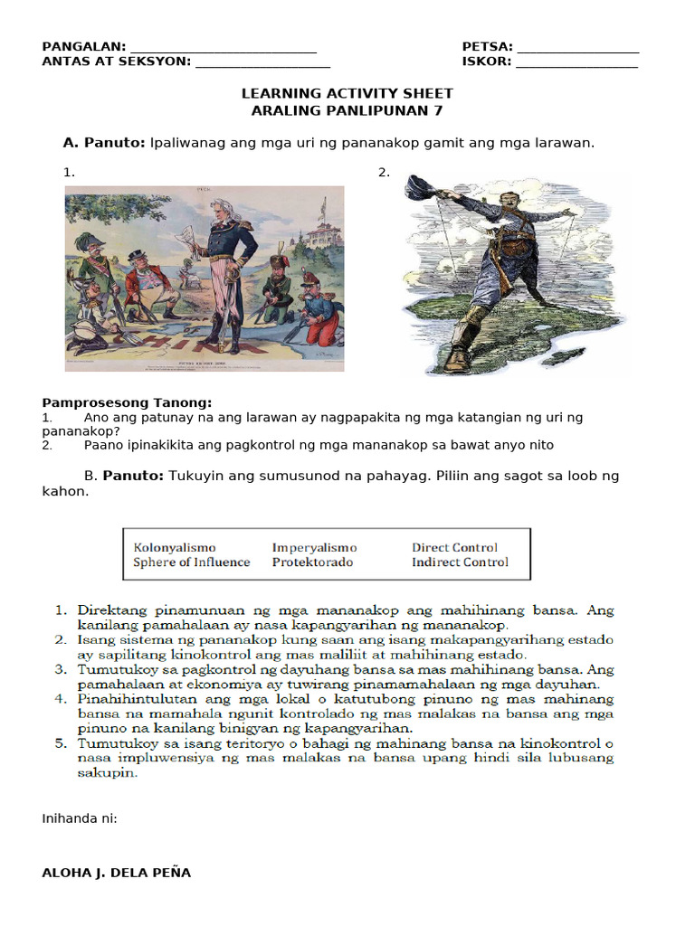 Learning Activity Sheet Araling Panlipunan 7 A. Panuto:: Ipaliwanag Ang ...