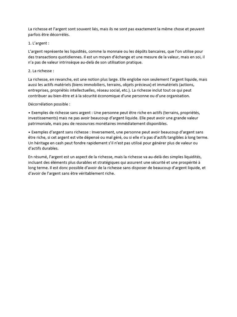 Richesse et argent : deux concepts distincts | PDF