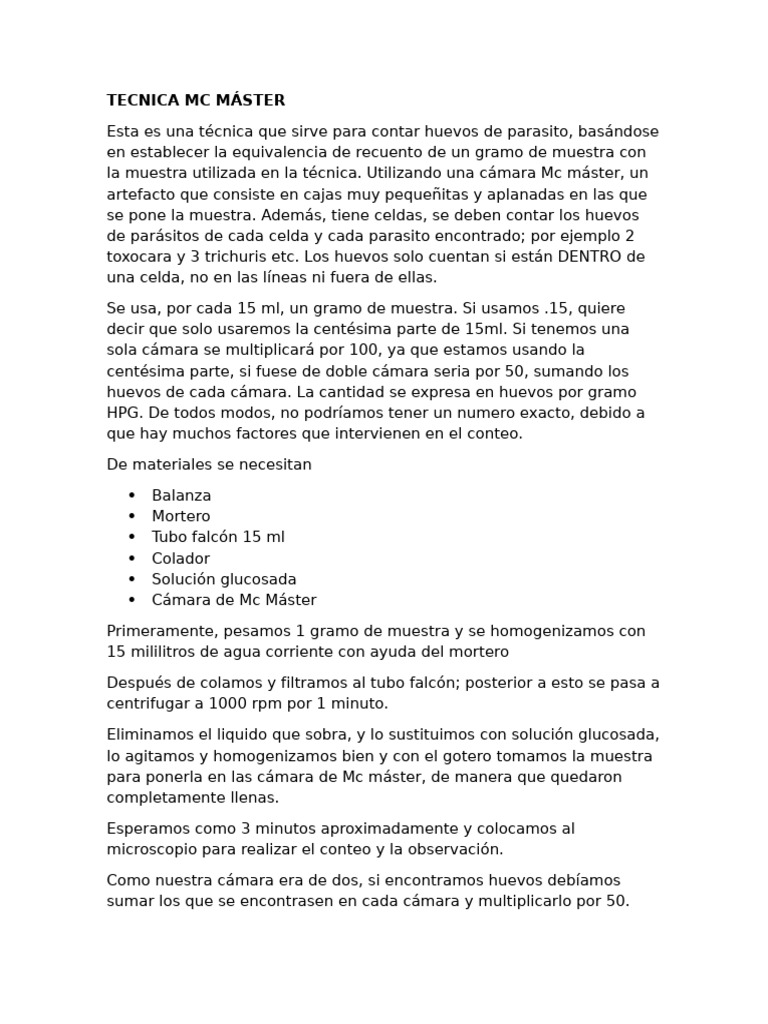 Técnica Mc Master para conteo de parásitos | PDF