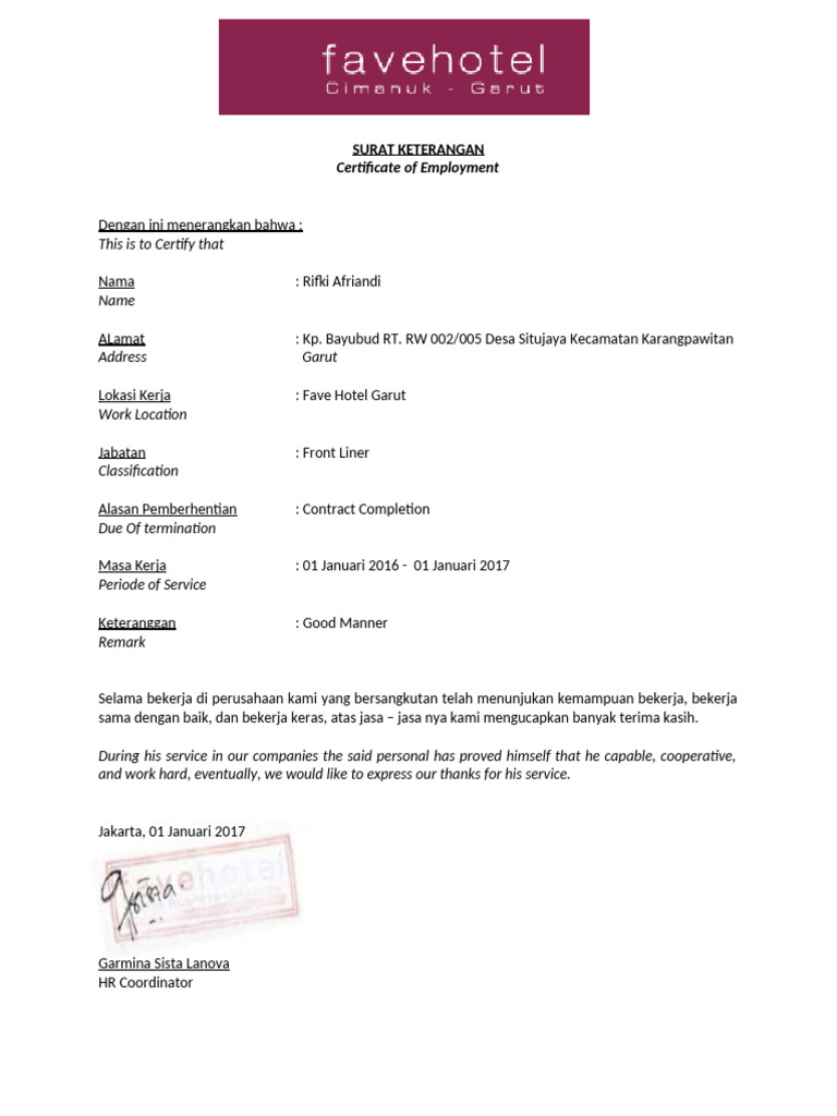 Surat Keterangan Kerja Fave Hotel | PDF