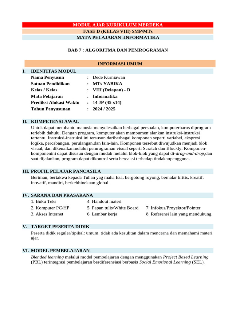 Modul Ajar Informatika 8 Bab 7 Algoritma Pemrograman | PDF