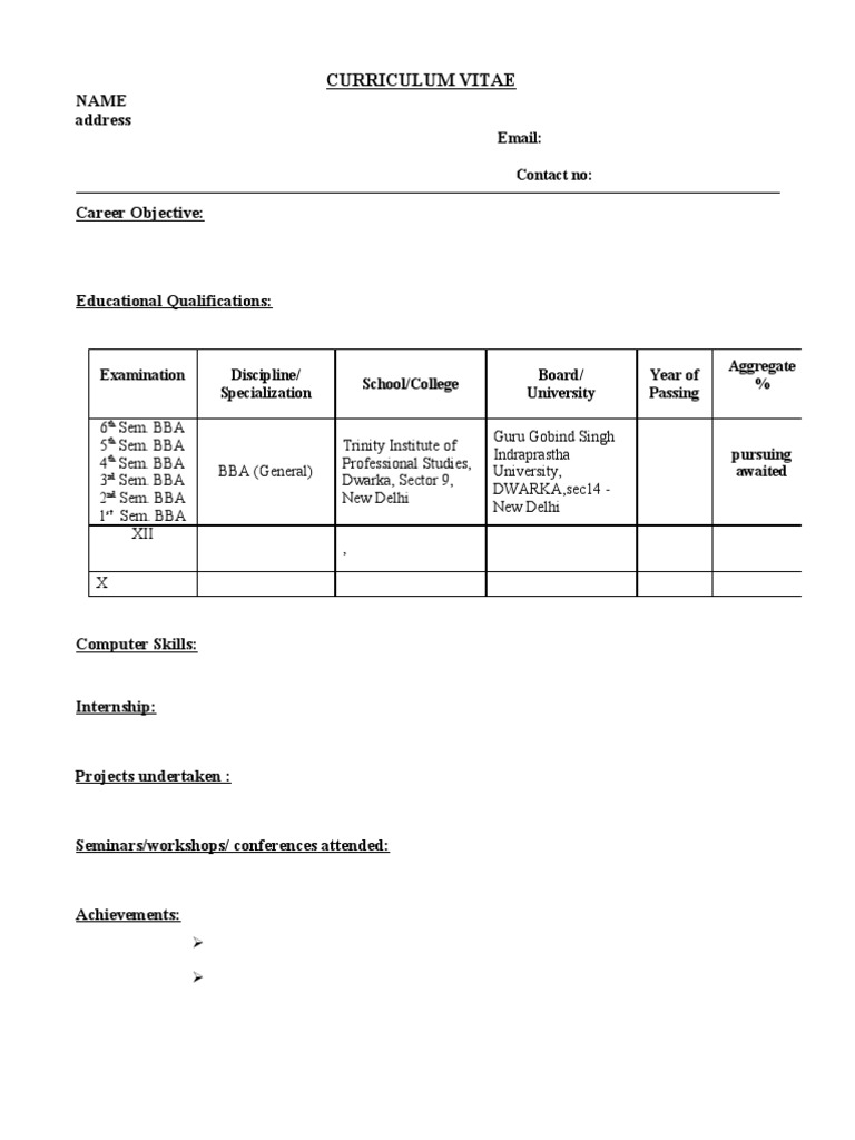 Professional BBA Curriculum Vitae | PDF | Wellness