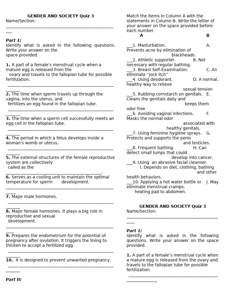 Gender and Society Quiz on Reproductive Health | PDF | Menstrual Cycle ...