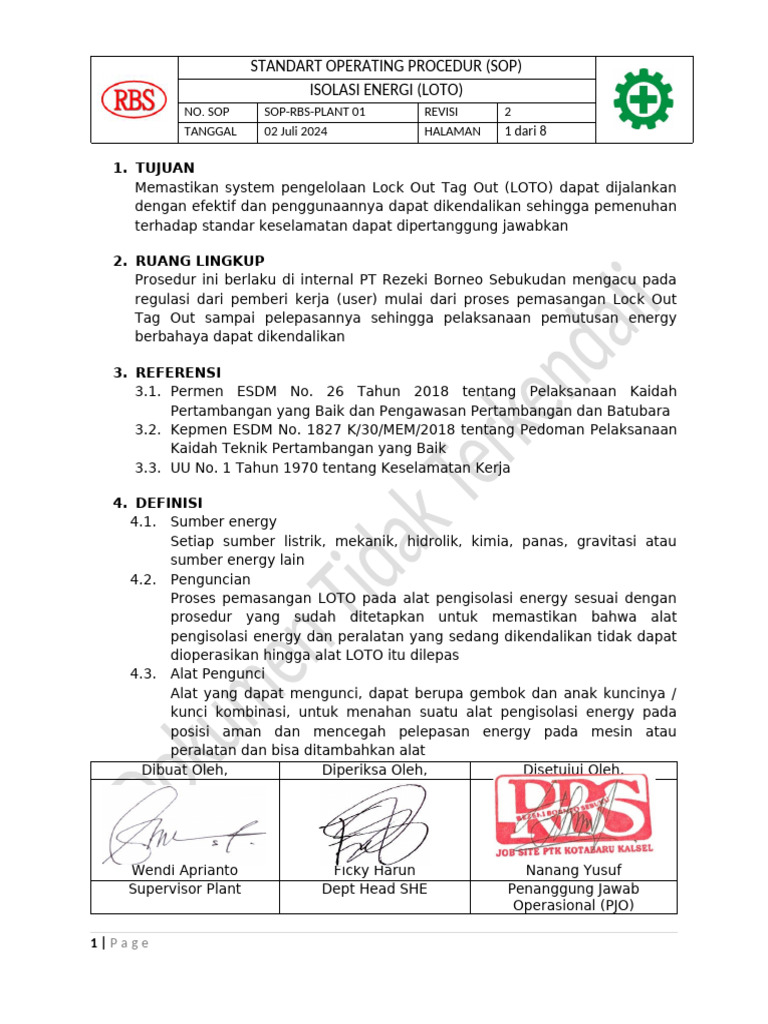 SOP Isolasi Energi LOTO di PT RBS | PDF