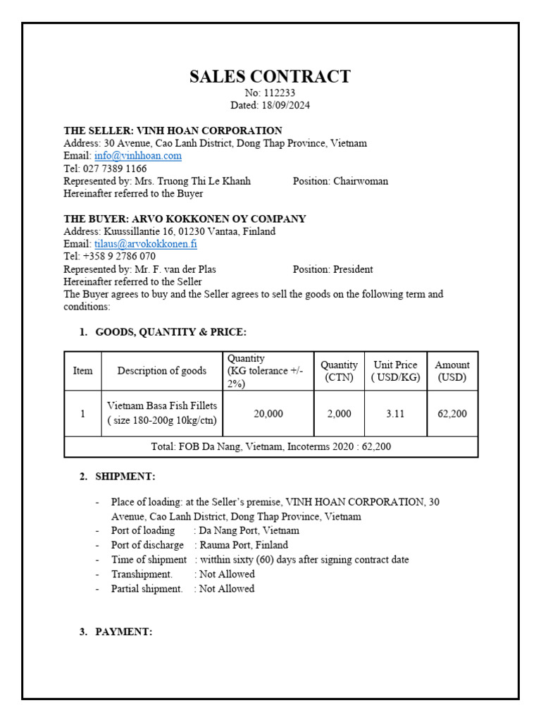 Vinh Hoan Basa Fish Sales Contract | PDF | Bill Of Lading | Fee