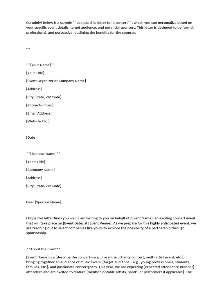 Sample Sponsorship Letter for Concert | PDF | Sponsor (Commercial ...