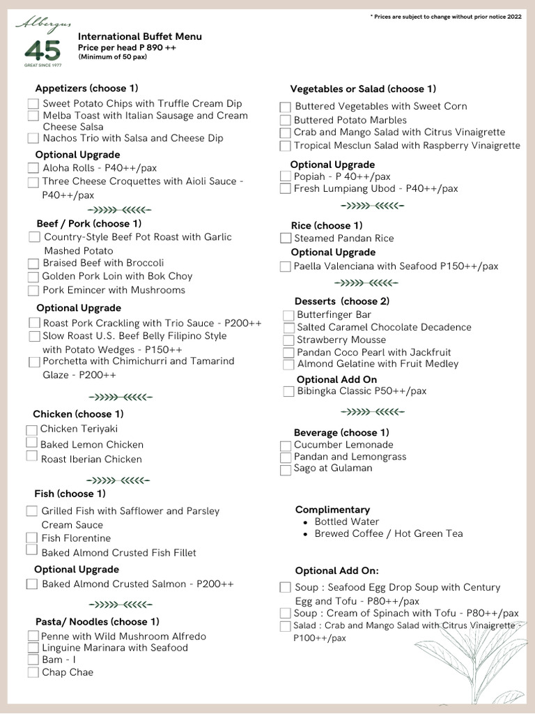 Albergus International Buffet Menu | PDF | Salad | Foods