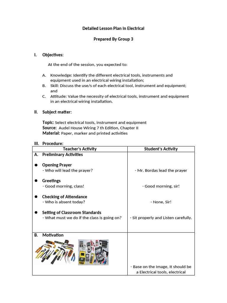 Detailed Lesson Plan In Electrical Pdf Screw Tools