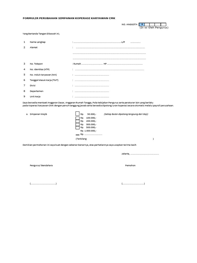 Formulir Simpanan Anggota Koperasi | PDF