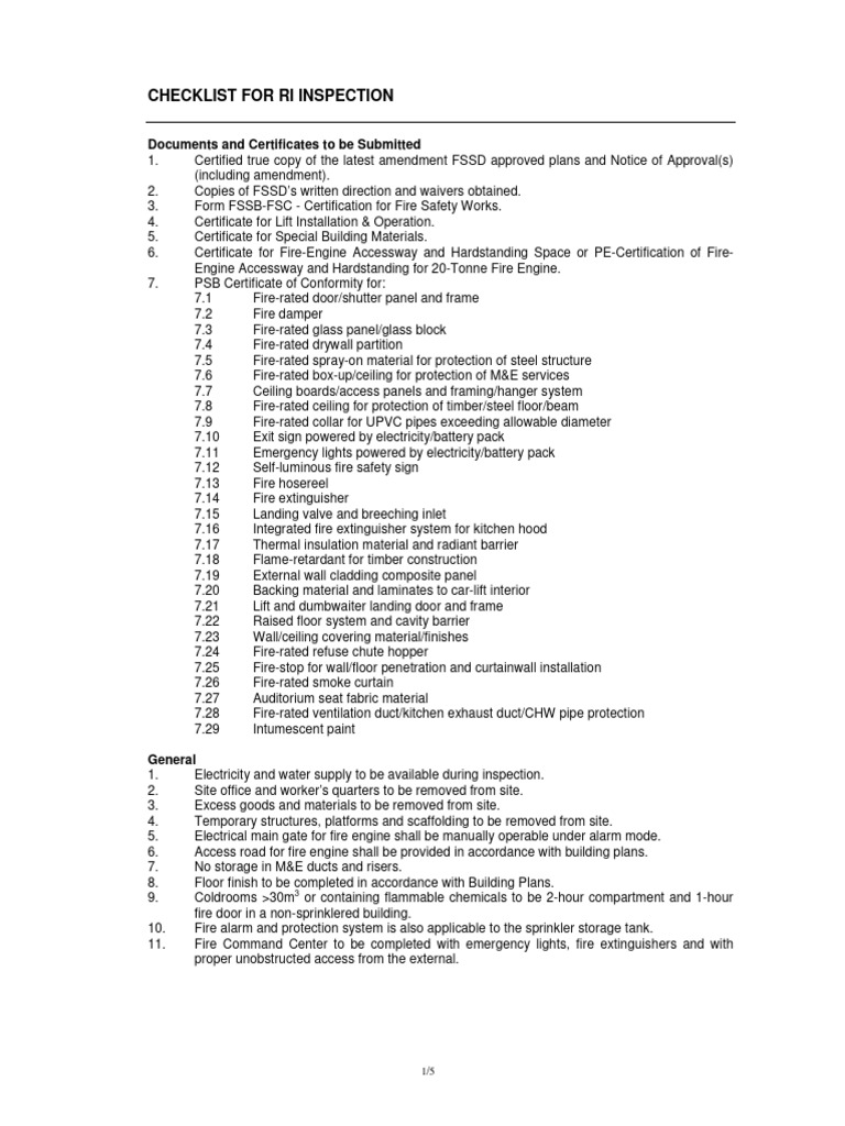 RI Inspection Checklist for Singapore | PDF | Elevator | Wall